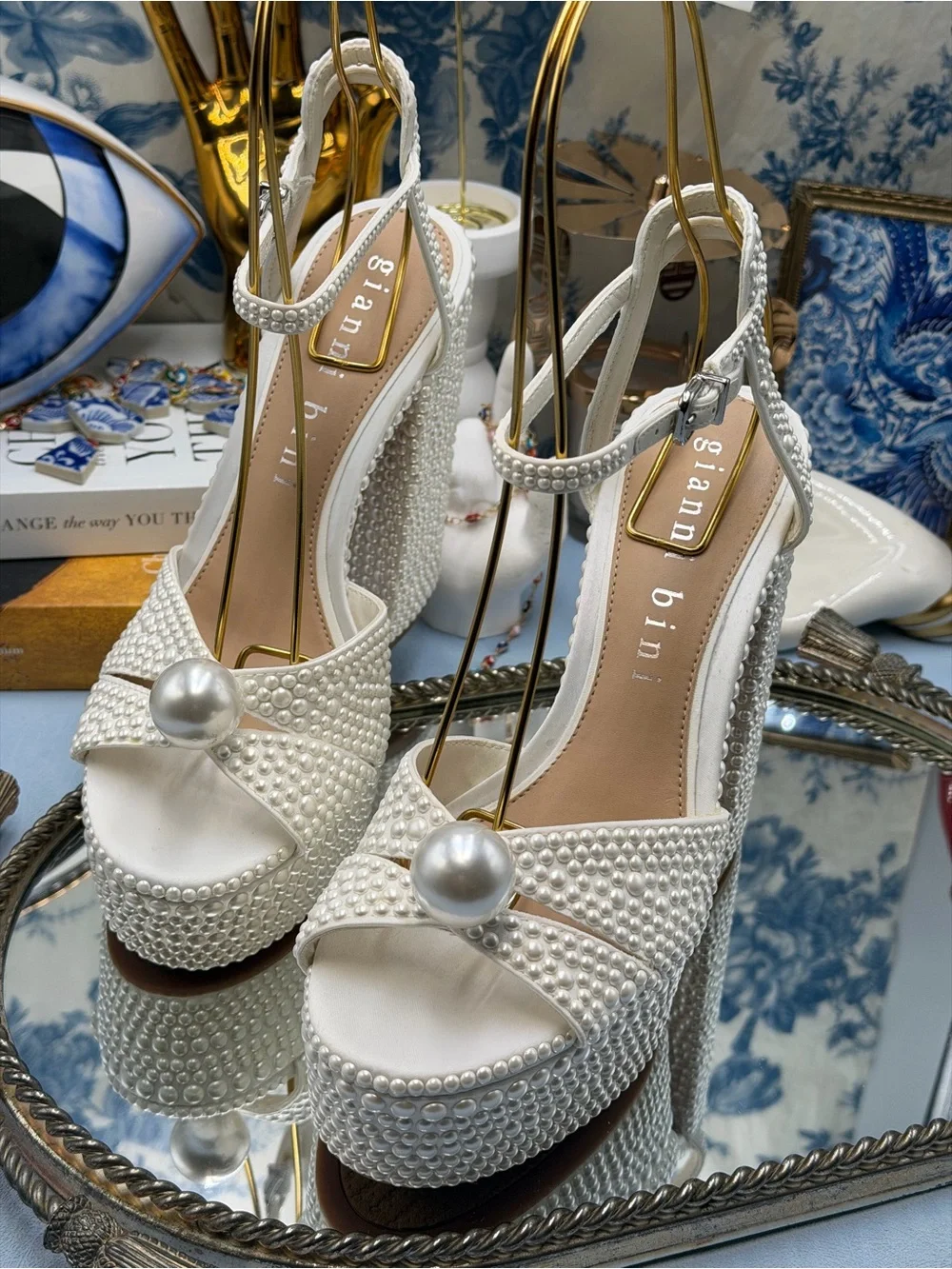 🆕 GIANNI BINI 🧿 NWOB KemaraTwo Embellished Pearl Studded Platform Sandal Sz 7